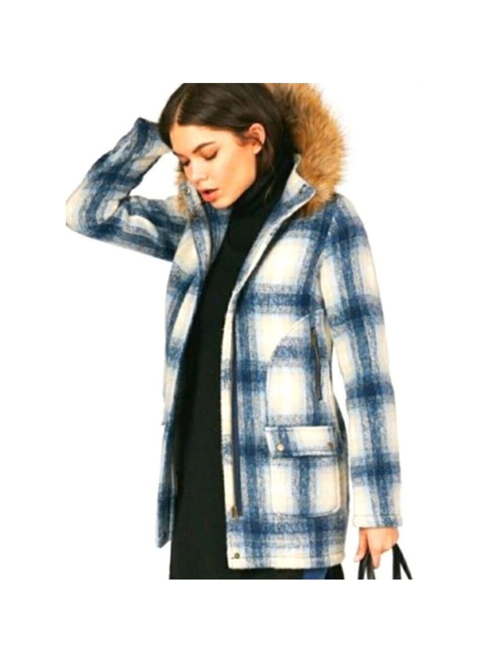 JustFab Plaid Hooded Faux Wool Coat/Jacket. Blue Size XXL